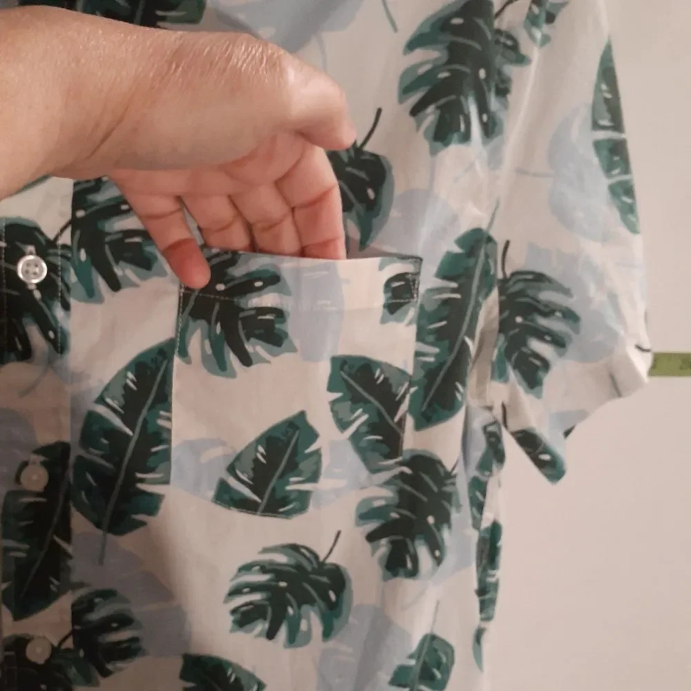 J.Crew shirt mens L slim blue green tropical hawaiian summer Flex Washed top